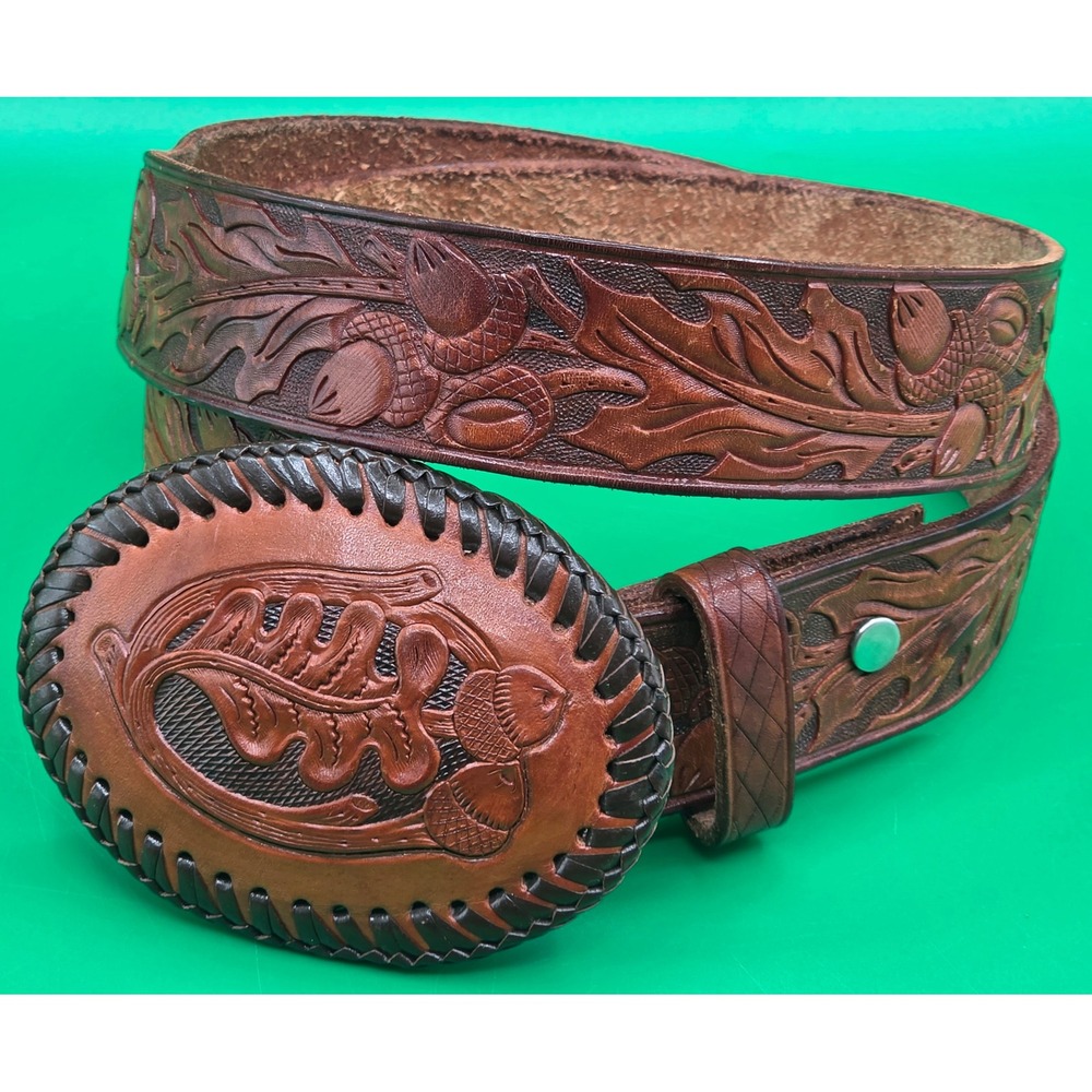 Vintage Tooled Brown Leather Western Belt Oak Leaf Acorn Buckle Mens 36-40